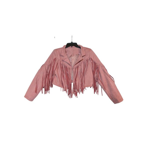 Blush Pink Fringe Suede Cropped Western Jacket With Dramatic Flowing Tassels - Picture 2 of 6